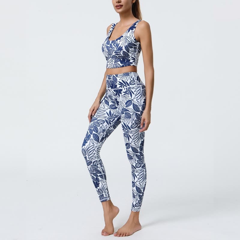 2Pcs Pineapple Grass Leaves Print Sports Fitness Crop Tank Bra High Waist Leggings Yoga Pants