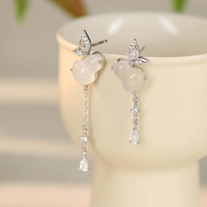 Hetian Jade Magnolia Chalcedony 925 Sterling Silver Butterfly Gourd Luck Earrings