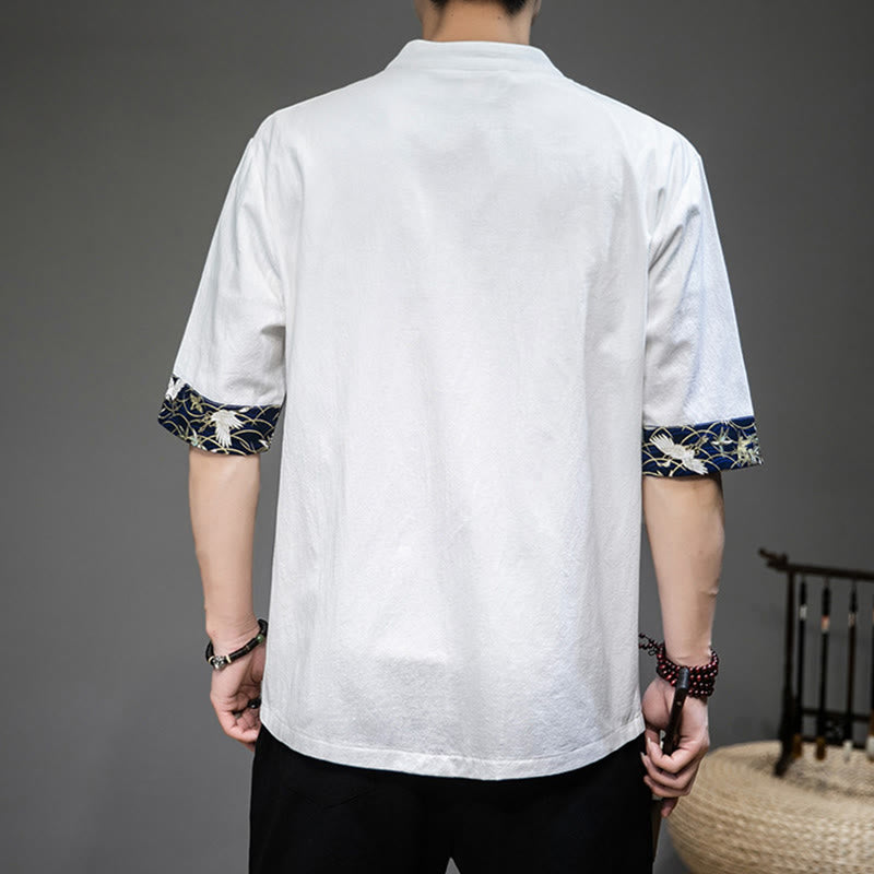Frog-Button Chinese Tang Suit Half Sleeve Crane Shirt Jacket Linen Men Clothing