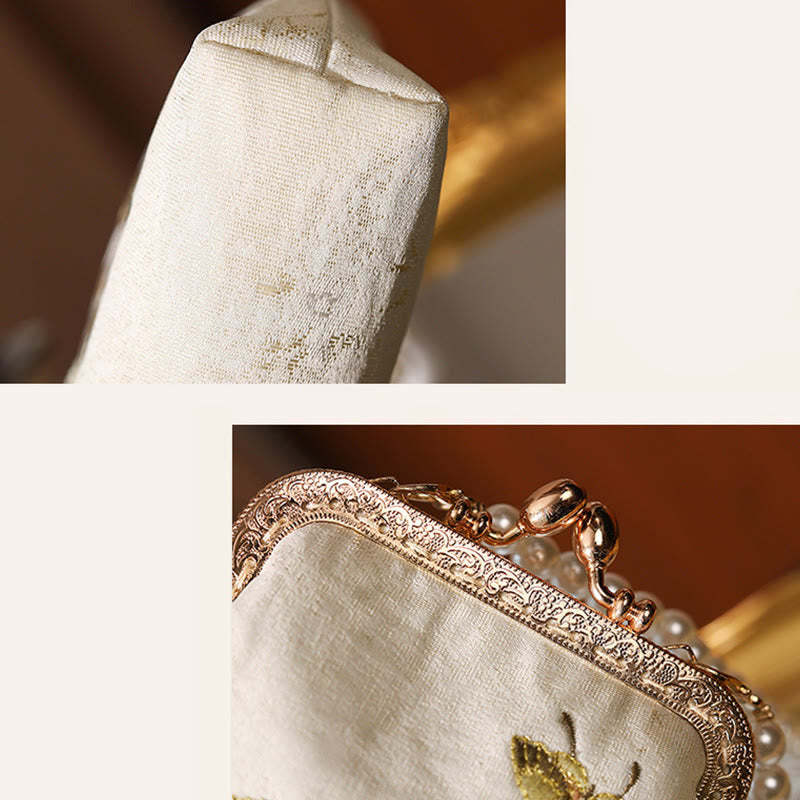 Small Flowers Butterfly Embroidered Pearl Metal Chain Shoulder Bag Crossbody Handbag Cellphone Bag