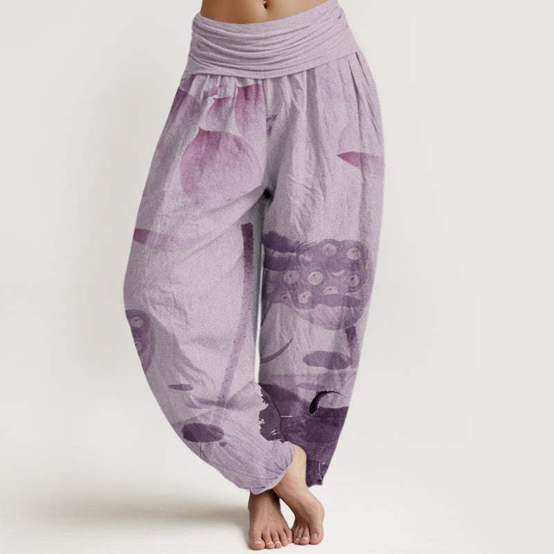 Ink Lotus Flowers Leaves Koi Fish Pattern Women's Elastic Waist Harem Pants