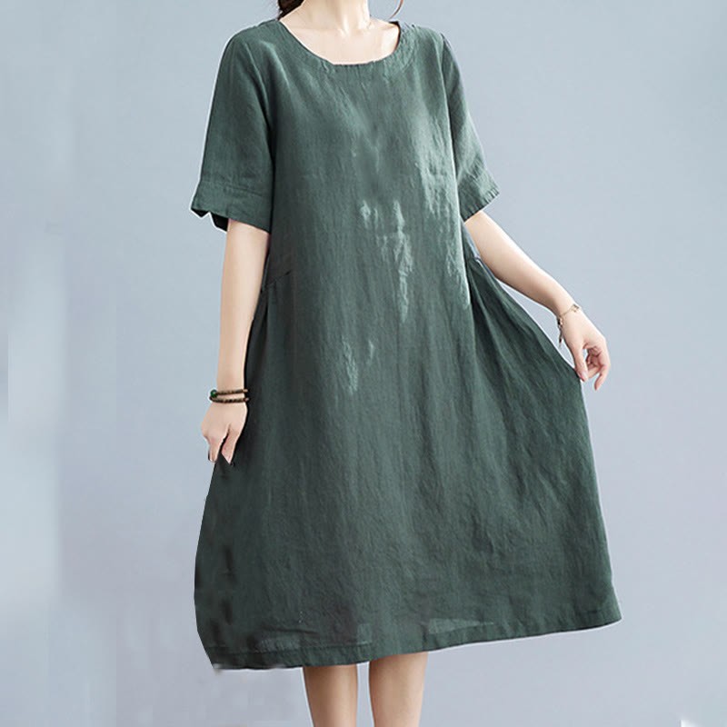 Casual Loose Solid Color Cotton Linen Crew Neck Half Sleeve Design Midi Dress With Pockets