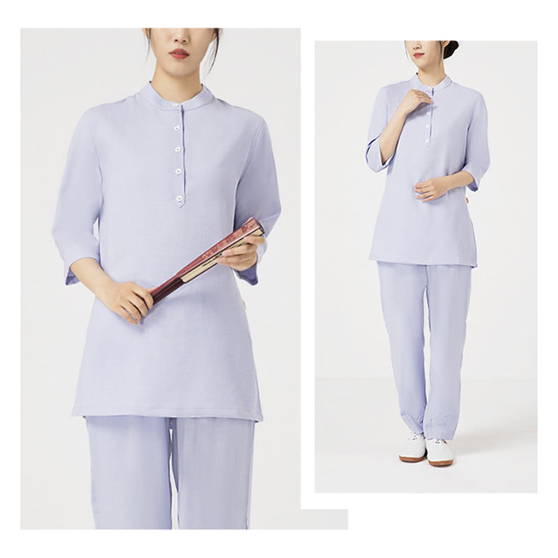 2Pcs Buttons Three Quarter Sleeve Shirt Top Pants Meditation Zen Tai Chi Cotton Linen Clothing Women's Set