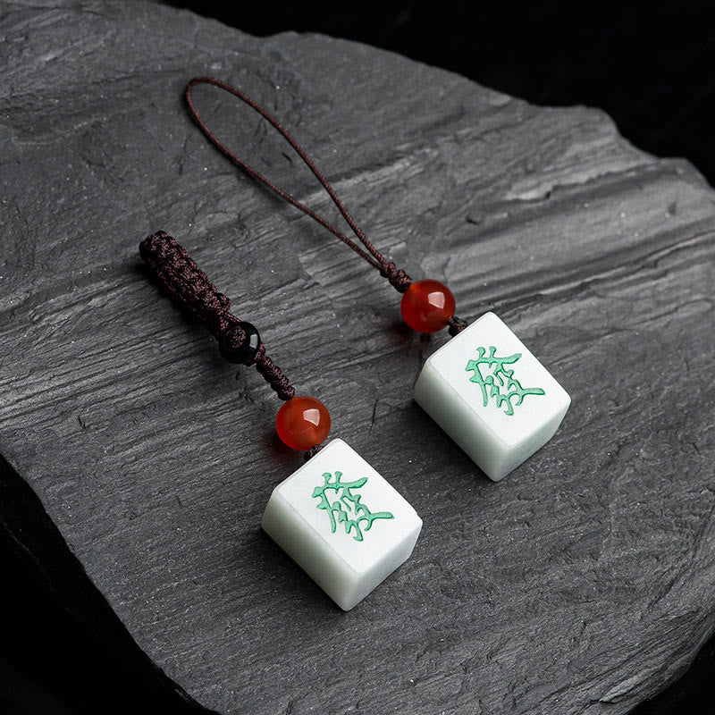 Natural Jade Mahjong Fa Character Wealth Prosperity Phone Hanging Key Chain Decoration