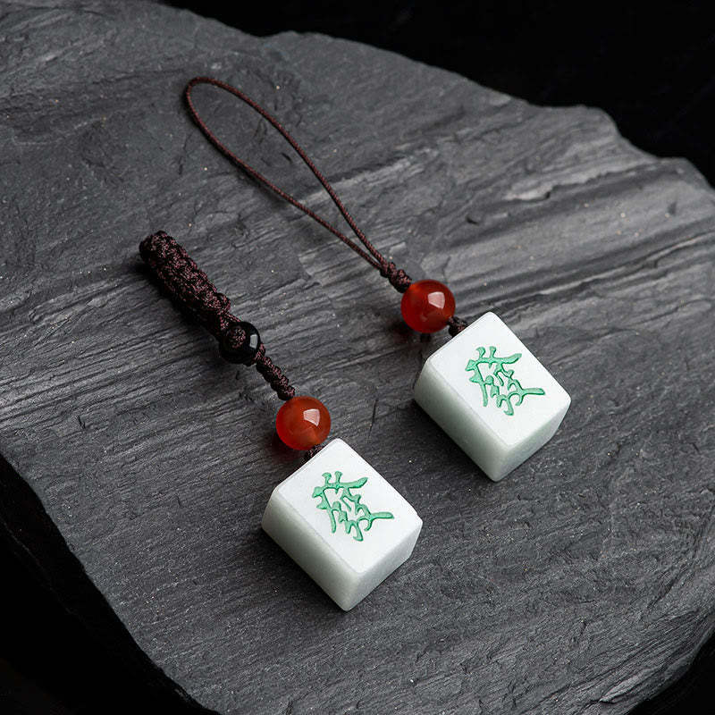 Natural Jade Mahjong Fa Character Wealth Prosperity Phone Hanging Key Chain Decoration