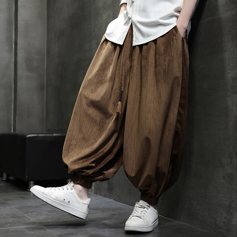 Solid Color Corduroy Drawstring Thermal Men's Harem Pants With Pockets