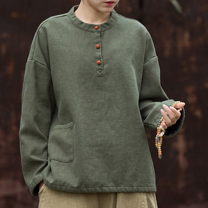Retro Solid Color Thermal Long Sleeve Ramie Linen Women's Shirt
