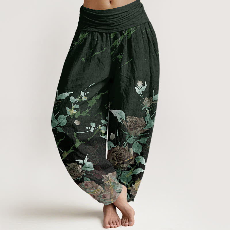 Blooming Roses Pattern Women's Elastic Waist Harem Pants