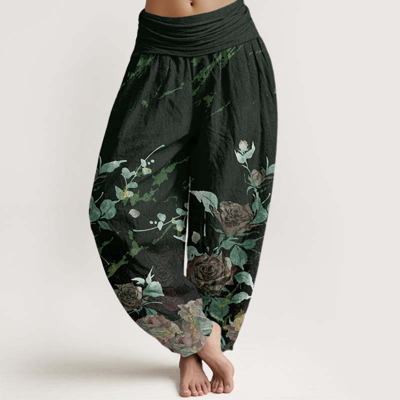 Blooming Roses Pattern Women's Elastic Waist Harem Pants
