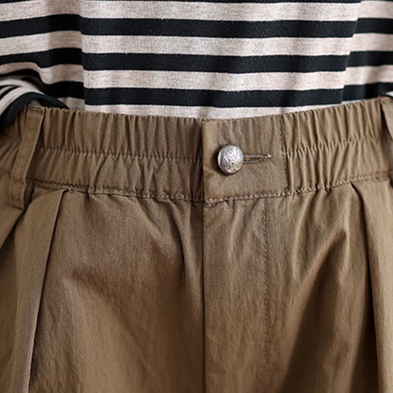 Casual Solid Color One Top Button Elastic Waistband Cotton Linen Women's Pants With Pockets