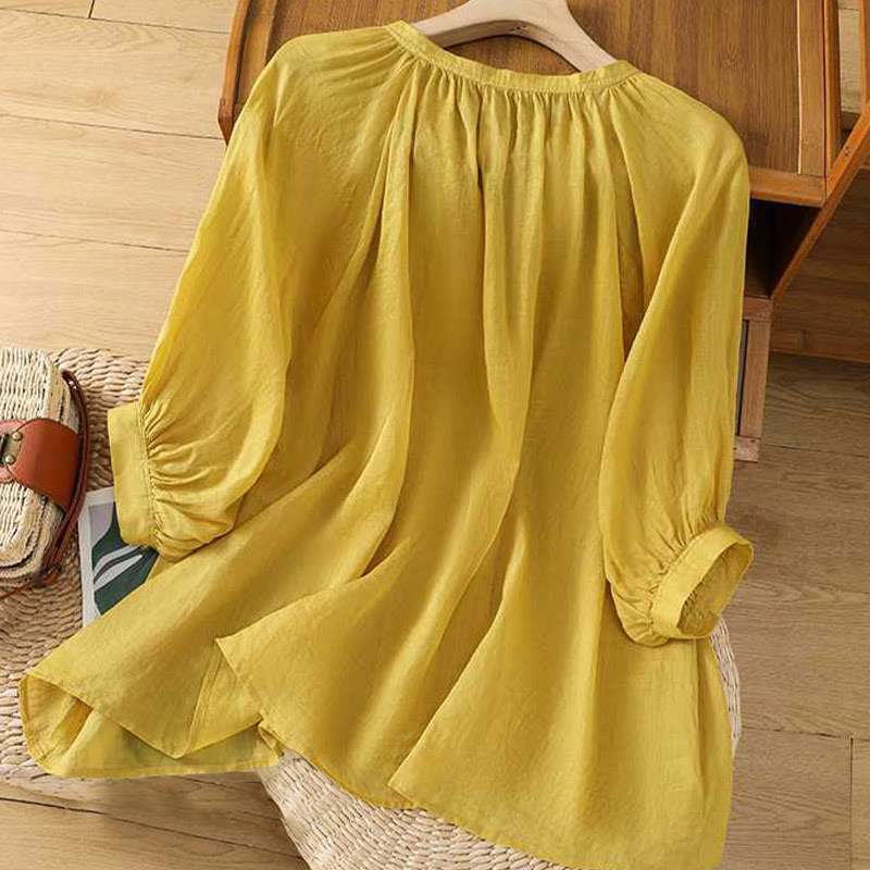 Casual Plain Women's Single Row Multi-Button V-Neck Design Three Quarter Sleeve Cotton Linen Shirt
