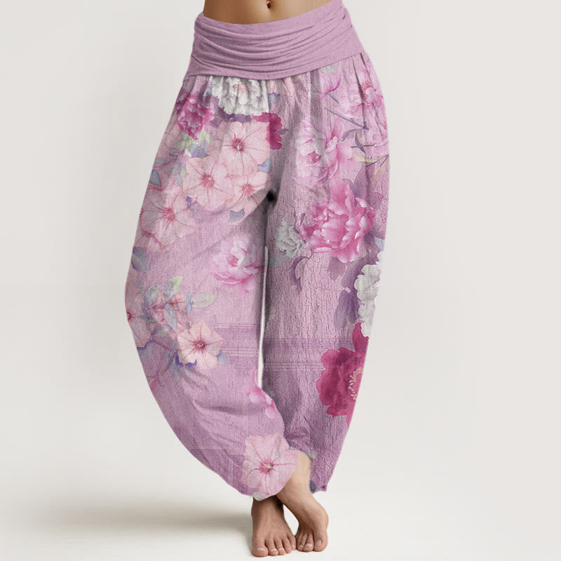 Casual Peony Flower Women's Elastic Waist Harem Pants