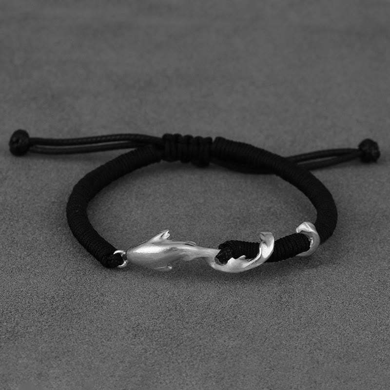 999 Sterling Silver Shark Black Wax Rope Protection Bracelet