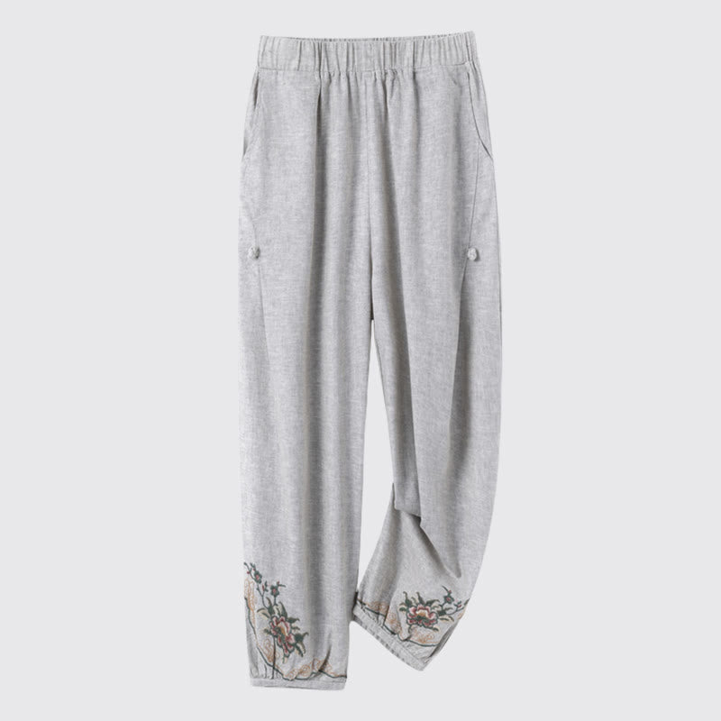 Casual Flower Embroidery Women's Cotton Linen Pants With Pockets
