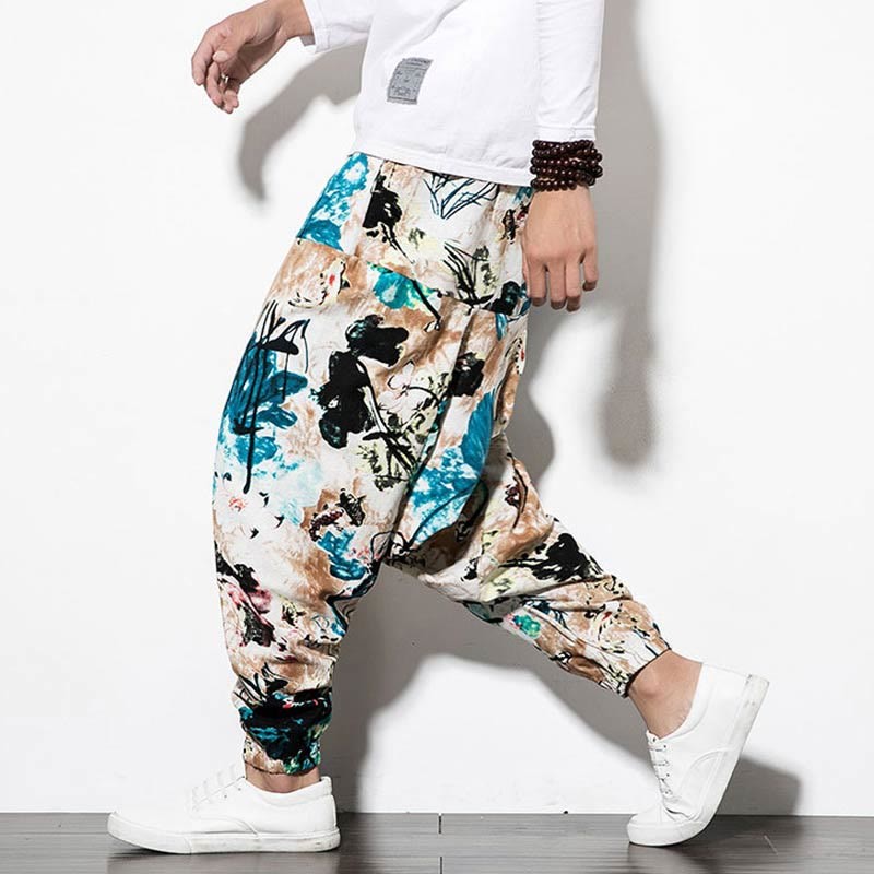 Flowers Leaves Brown Blue Painting Print Cotton Men's Long Cropped Harem Pants With Pockets