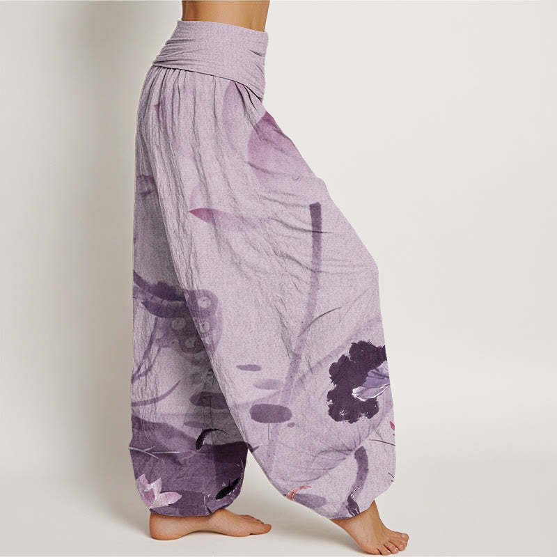 Ink Lotus Flowers Leaves Koi Fish Pattern Women's Elastic Waist Harem Pants