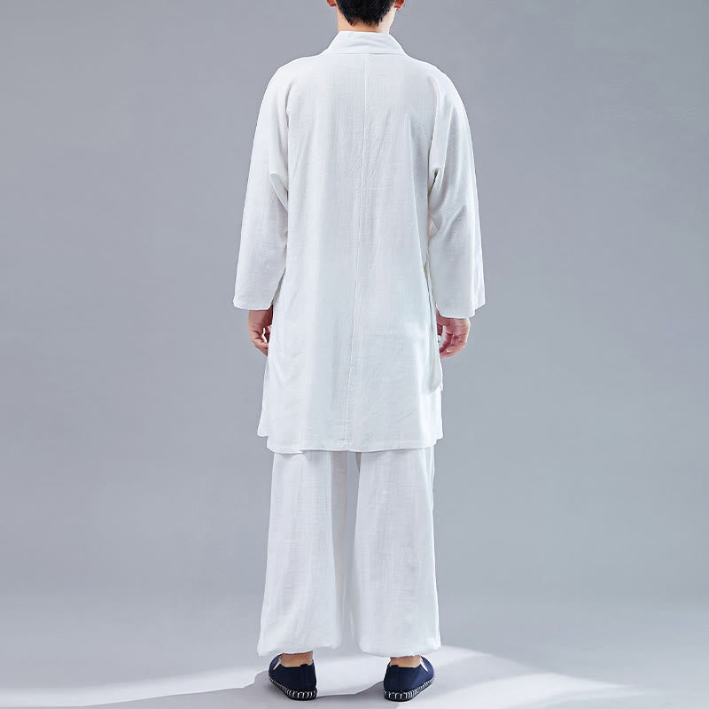 2Pcs V-Neck Men's Long Sleeve Shirt Top Pants Meditation Zen Tai Chi Cotton Linen Clothing Set