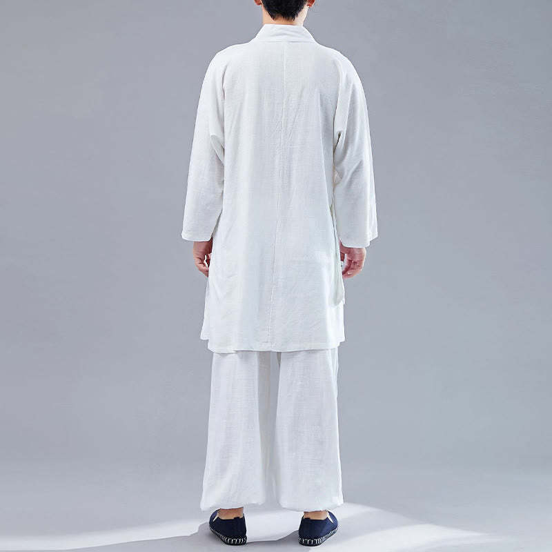 2Pcs V-Neck Men's Long Sleeve Shirt Top Pants Meditation Zen Tai Chi Cotton Linen Clothing Set