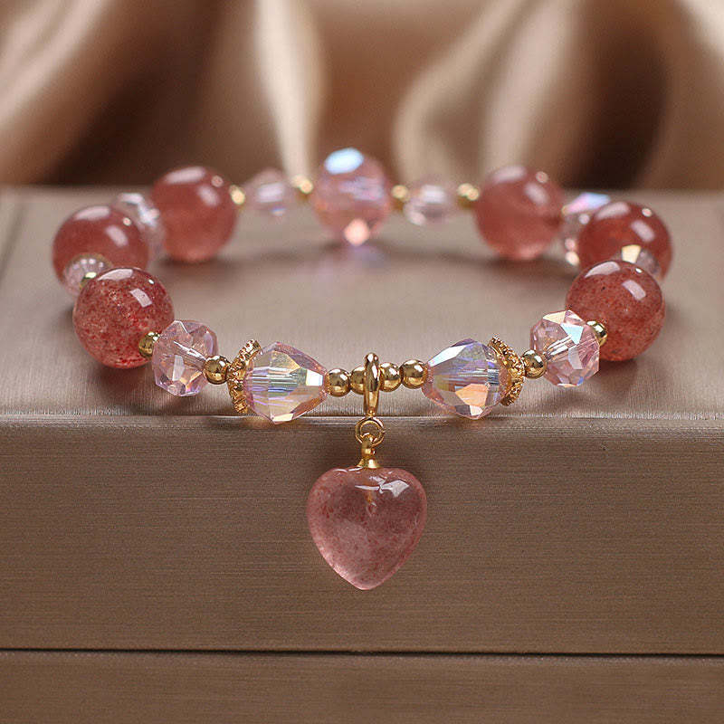 Natural Strawberry Quartz Crystal Love Heart Healing Positive Bracelet