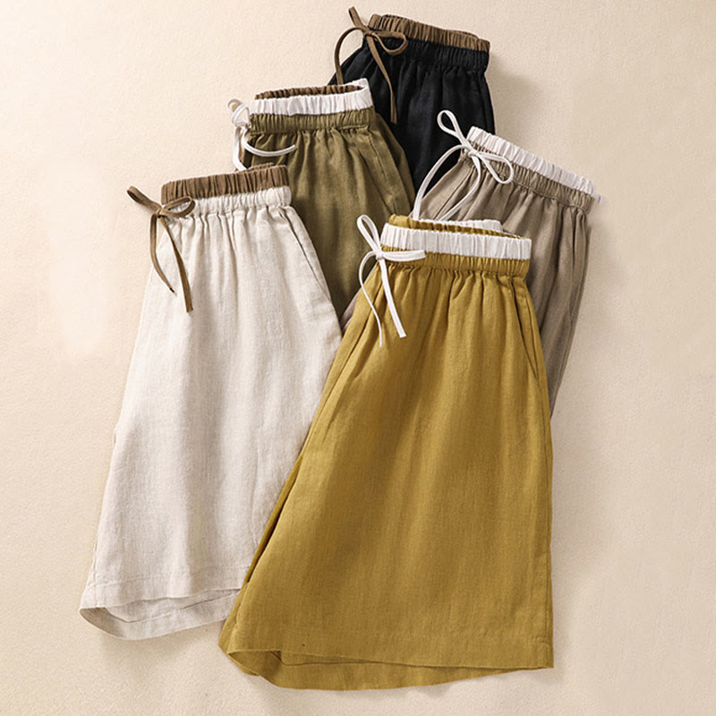 Solid Color Contrast Color Waist Lace-up Cotton Linen Women's Shorts With Pockets