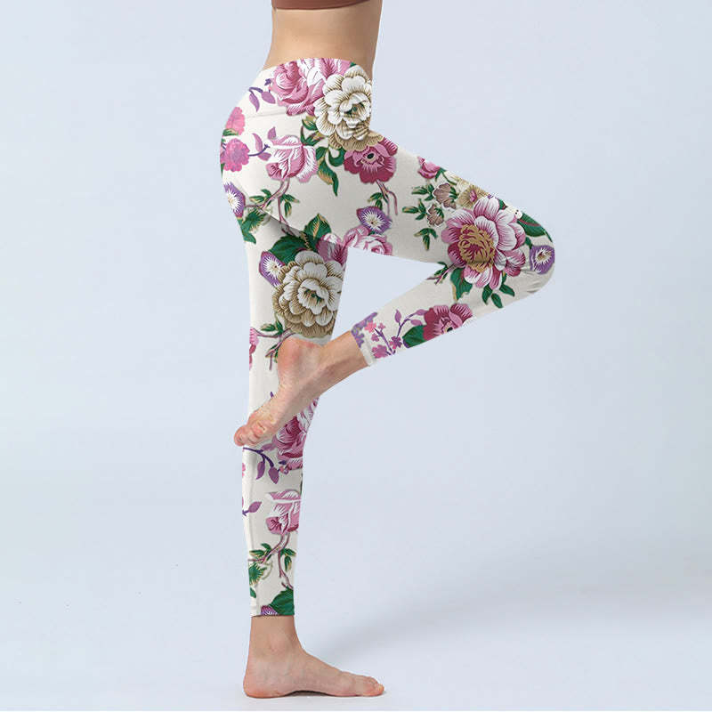 Red White Peony Flower Print Sports Leggings Women's Yoga Pants