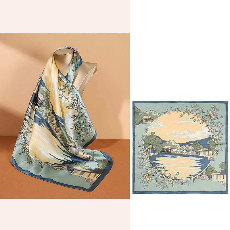 Pastoral Scene Hot Air Balloon Spring Blossom 100% Mulberry Silk Neck Hair Scarf