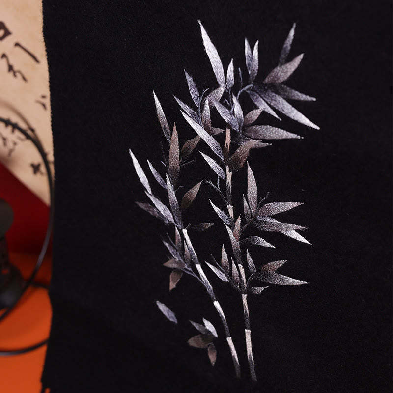 Wool Shawl Bamboo Leaf Embroidery Tassel Winter Cozy Travel Scarf Wrap