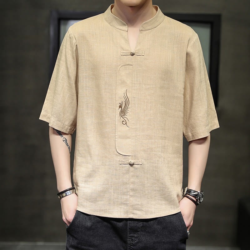 Frog-Button Phoenix Embroidery Chinese Tang Suit Short Sleeve Shirt Cotton Linen Men Clothing