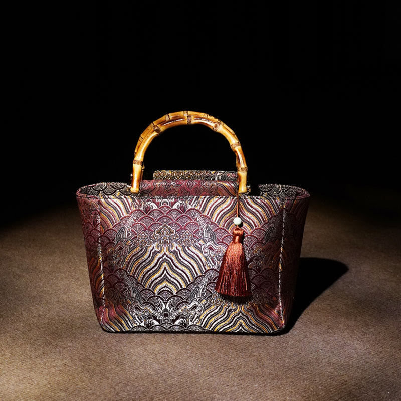 Mountain Seawater Wave Pattern Bamboo Handle Bead Tassel Hangbags
