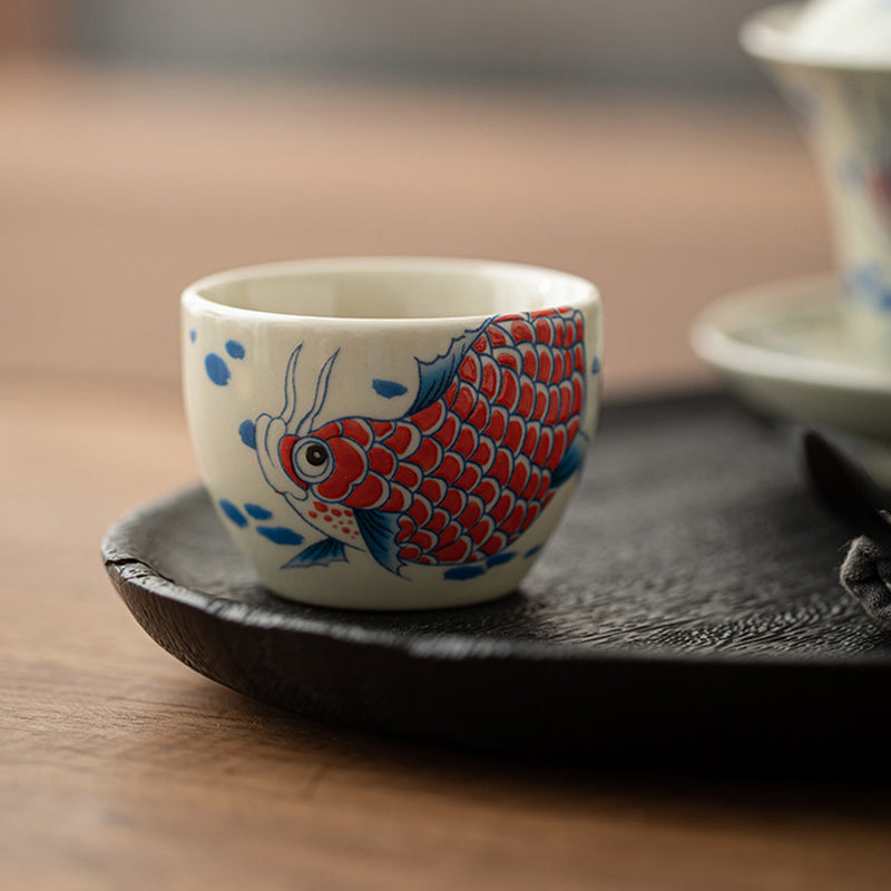 Koi Fish Arowana Peony Sunflower Ceramic Teacup Kung Fu Tea Cup 60ml