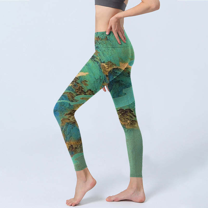 Chinese Style Green Mountains Landscape Print Lycra Fabric Fitness Leggings Women's Yoga Pants