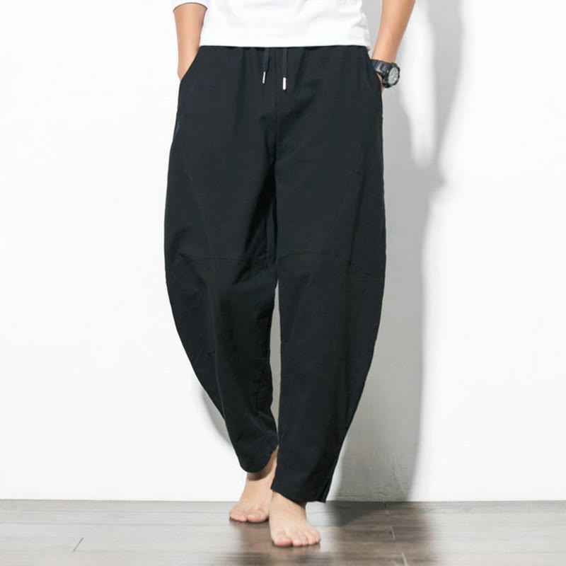 Casual Men's Solid Color Linen Drawstring Pants With Pockets