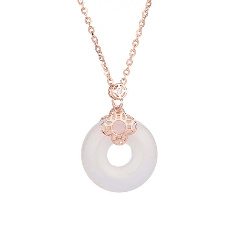 925 Sterling Silver Natural Hetian White Jade Chalcedony Coin Peace Buckle Luck Necklace Pendant