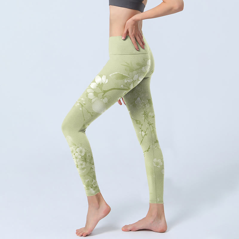 White Plum Blossoms Print Gym Leggings Women's Yoga Pants