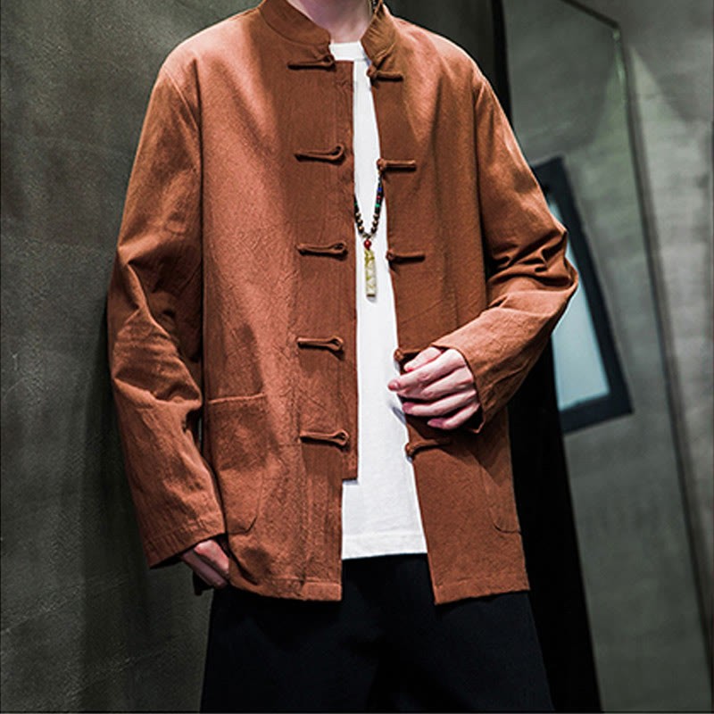 Solid Color Frog-button Tang Suit Cotton Linen Men's Jacket Shirt With Pockets