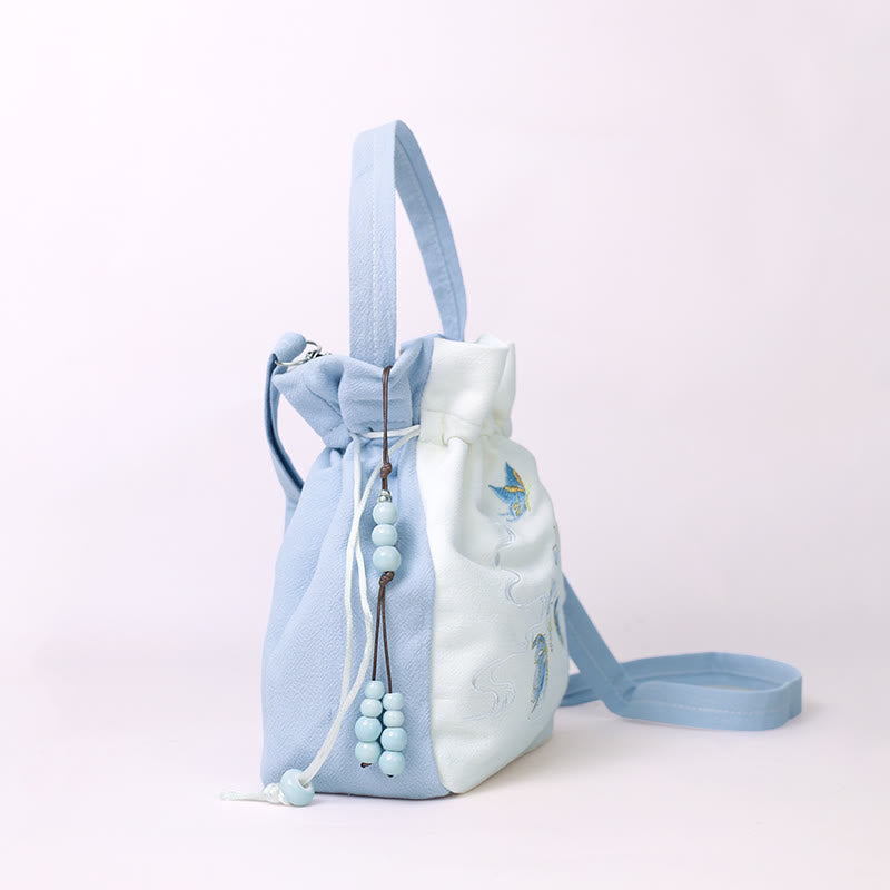 Embroidered Butterfly Lotus Magnolia Cotton Linen Tote Crossbody Bag Shoulder Bag Handbag