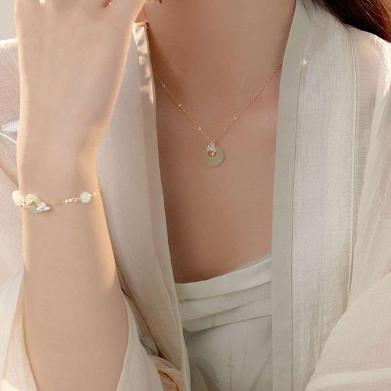 925 Sterling Silver Natural Hetian Jade Peace Buckle Orchid Luck Bracelet Necklace Pendant Set