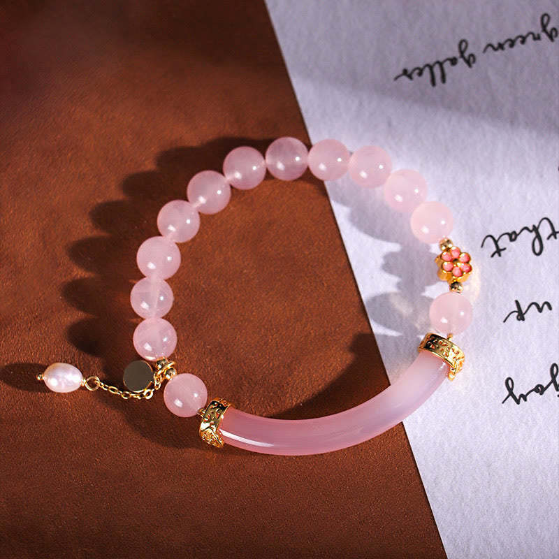 Pink Crystal Blue Chalcedony Pearl Cuff Half Bracelet Bangle
