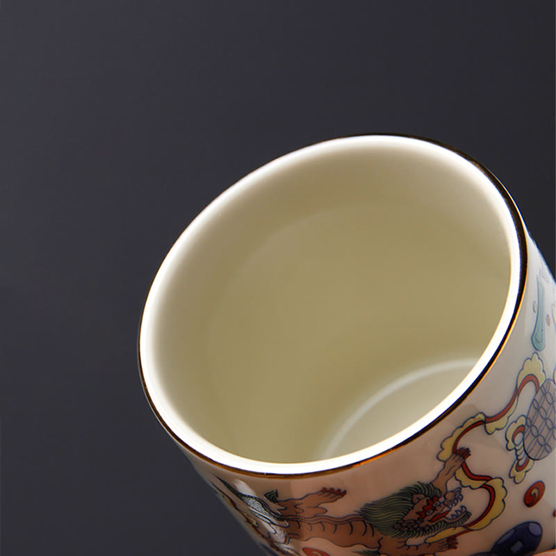 Vintage Plum Blossom Pine Bamboo Phoenix Kirin Lion Dancing Ceramic Teacup Tea Cups