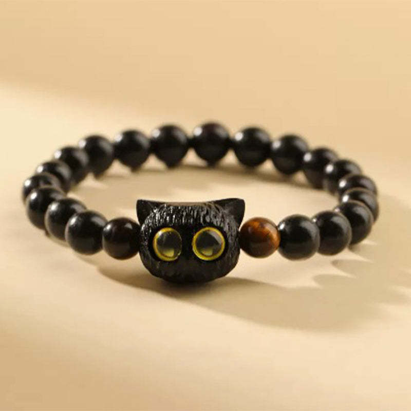 Cute Ebony Wood Cat Head Pattern Peace Bracelet
