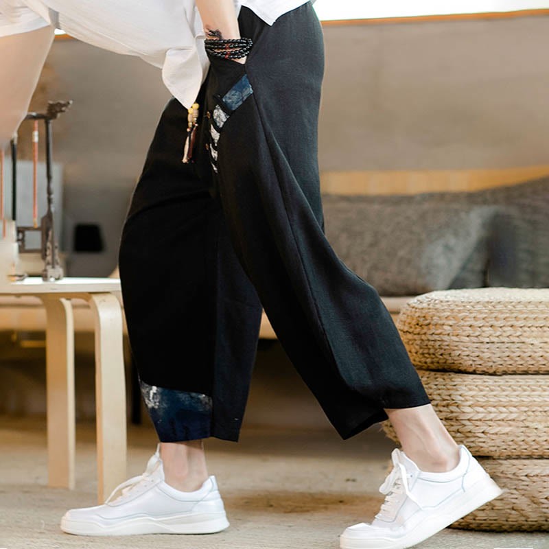 Patchwork Design Drawstring Cotton Men's Cropped Pants With Pockets