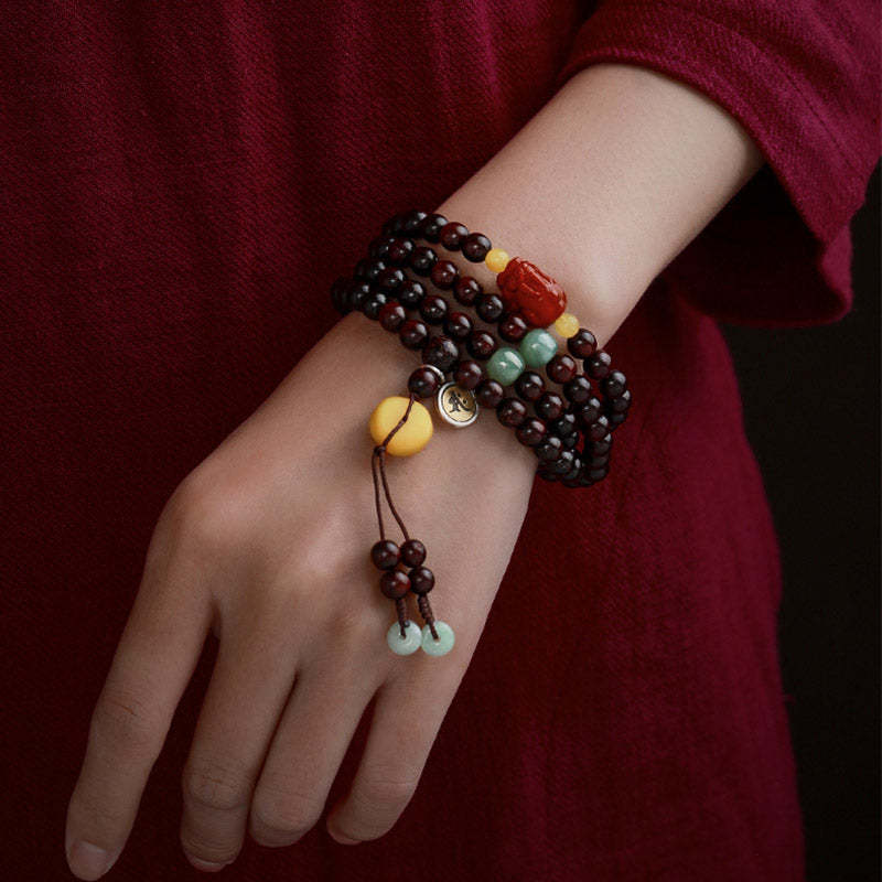 Chinese Zodiac Natal mystic zen 108 Mala Beads Small Leaf Red Sandalwood Red Agate PiXiu Protection Bracelet