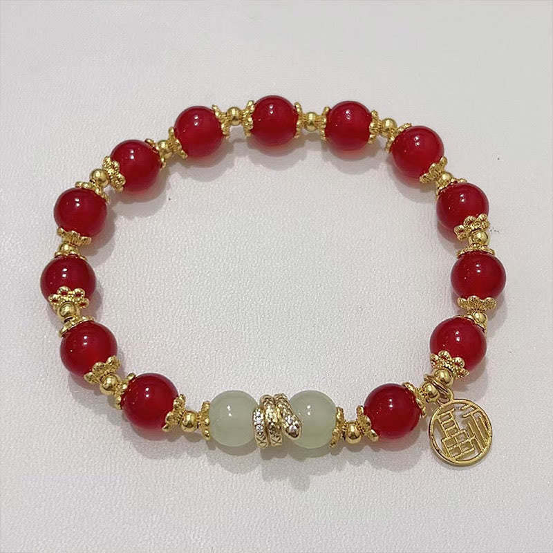 Red Agate Jade Fu Character Year of the Snake Calm Bracelet