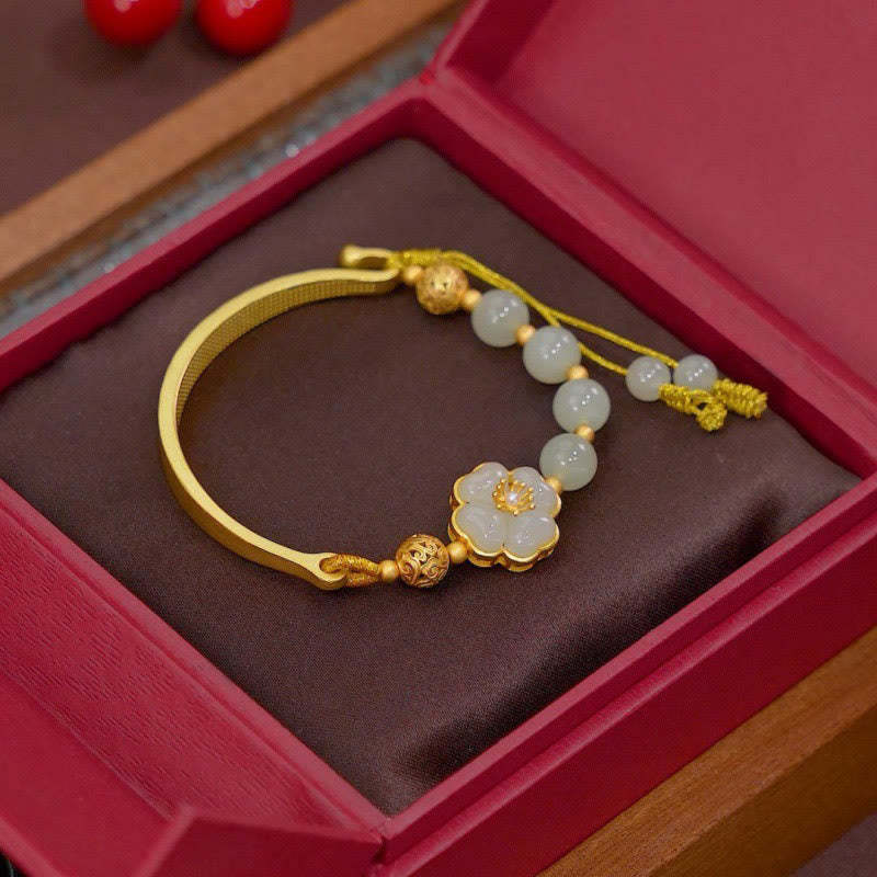 Hetian Jade 925 Sterling Silver Flower Luck Cuff Half Bracelet Bangle