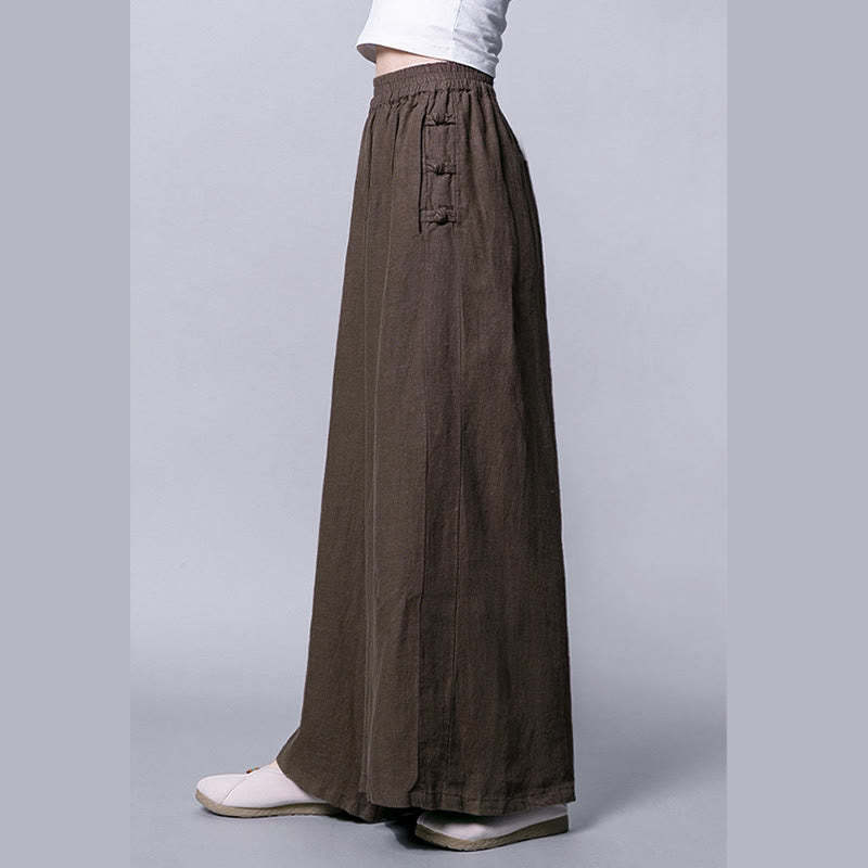 Casual Cotton Frog-Button High Waist Wide Leg Pants With Pockets