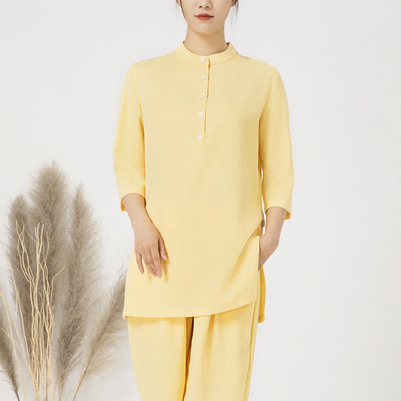2Pcs Solid Color Three Quarter Shirt Top Pants Meditation Zen Tai Chi Cotton Linen Clothing Women's Set