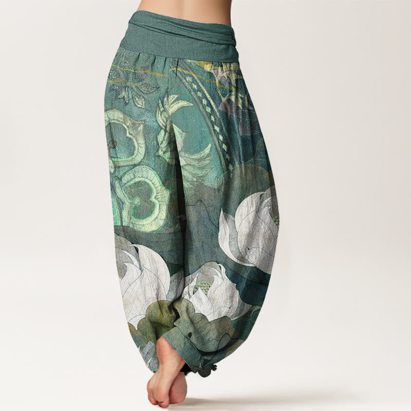 White Lotus Leaves Pattern Casual Women's Elastic Waist Harem Pants