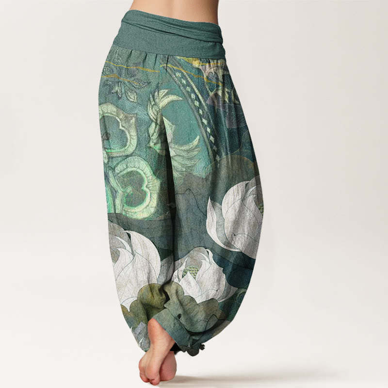 White Lotus Leaves Pattern Casual Women's Elastic Waist Harem Pants