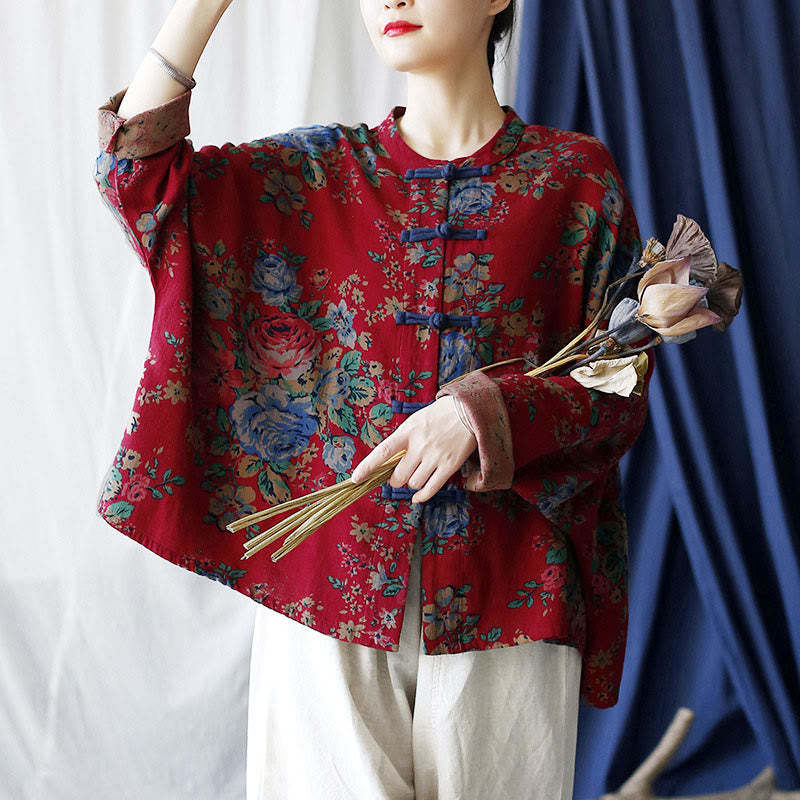 Red Flowers Green Leaves Print Frog-button Design Long Sleeve Cotton Linen Jacket Shirt