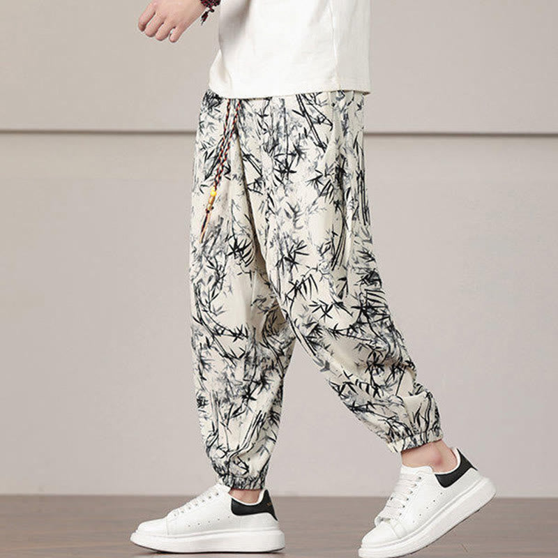 Bamboo Leaf Pattern Drawstring Men's Harem Pants With Pockets